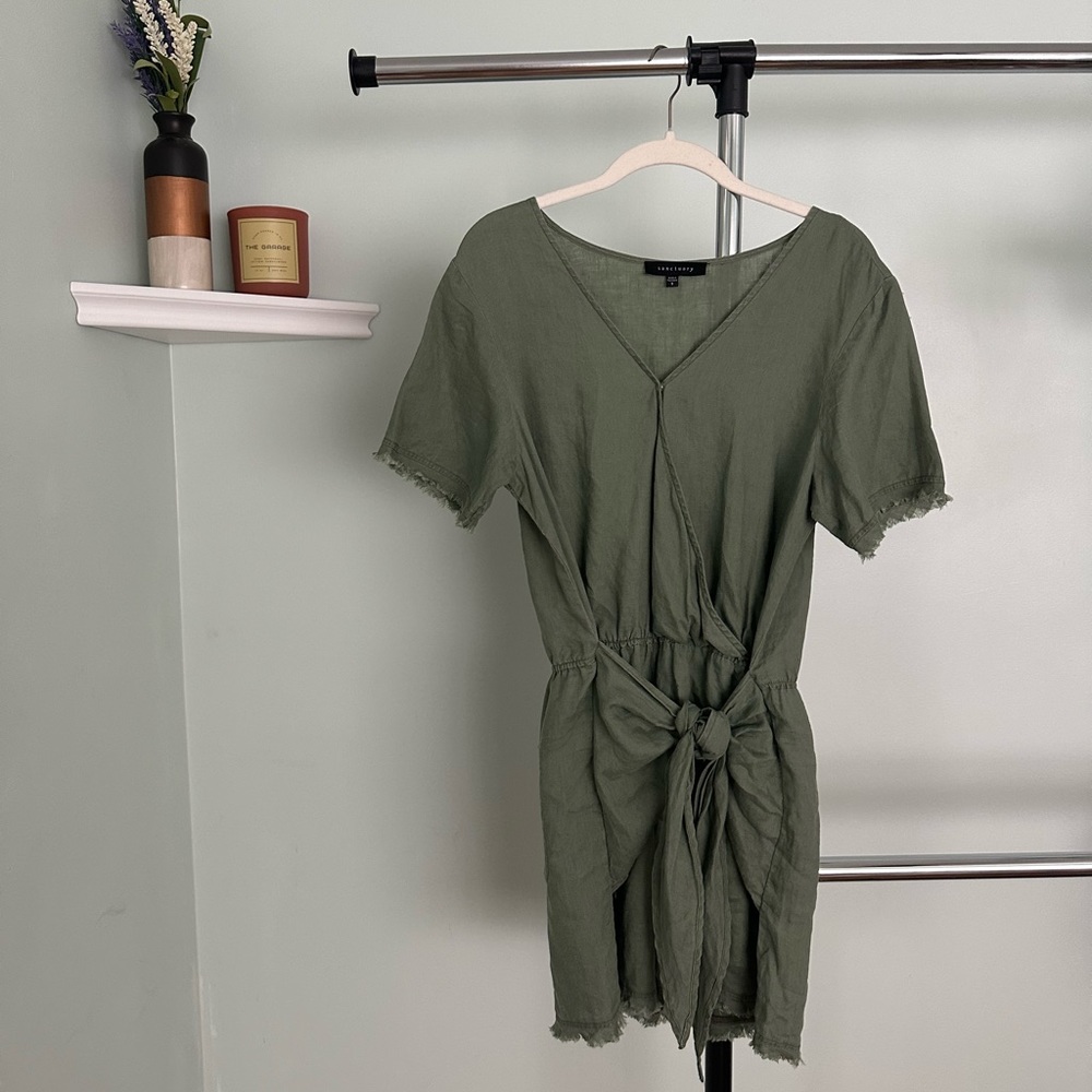 Sanctuary Clothing Linen Women’s Wrap Short Romper Jumpsuit, Green
